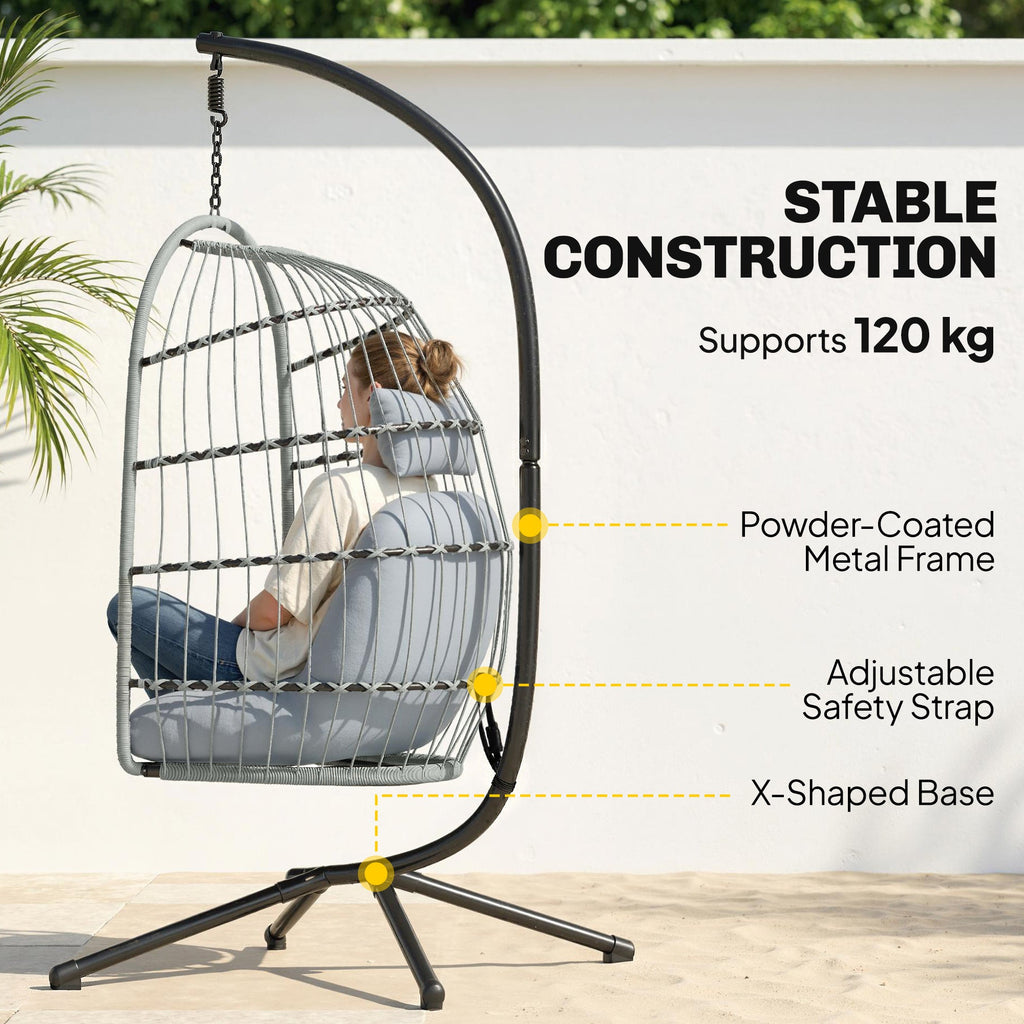 Hanging Egg Chair with Foldable Metal Stand, Thick Cushion, Light Grey