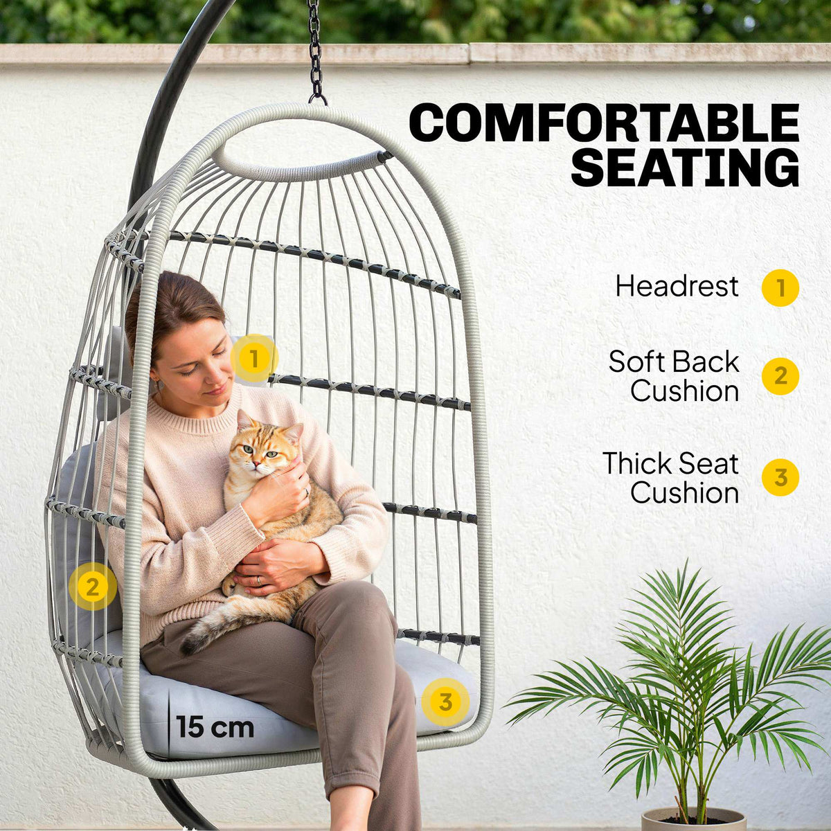 Hanging Egg Chair with Foldable Metal Stand, Thick Cushion, Light Grey