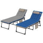 Set of 2 Folding Lounge Chairs with Cushion and Side Pocket, Brown/Blue