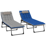Set of 2 Folding Lounge Chairs with Cushion and Side Pocket, Brown/Blue