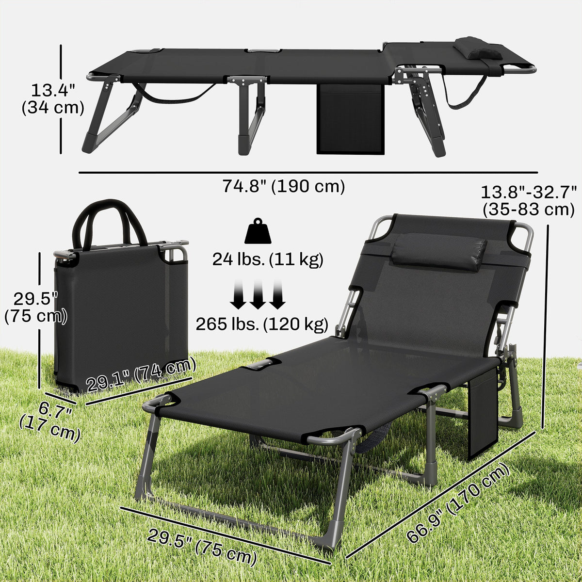 Folding Lounge Chair, 75 cm Wide with Cushion and Side Pocket, Dark Grey/Blue