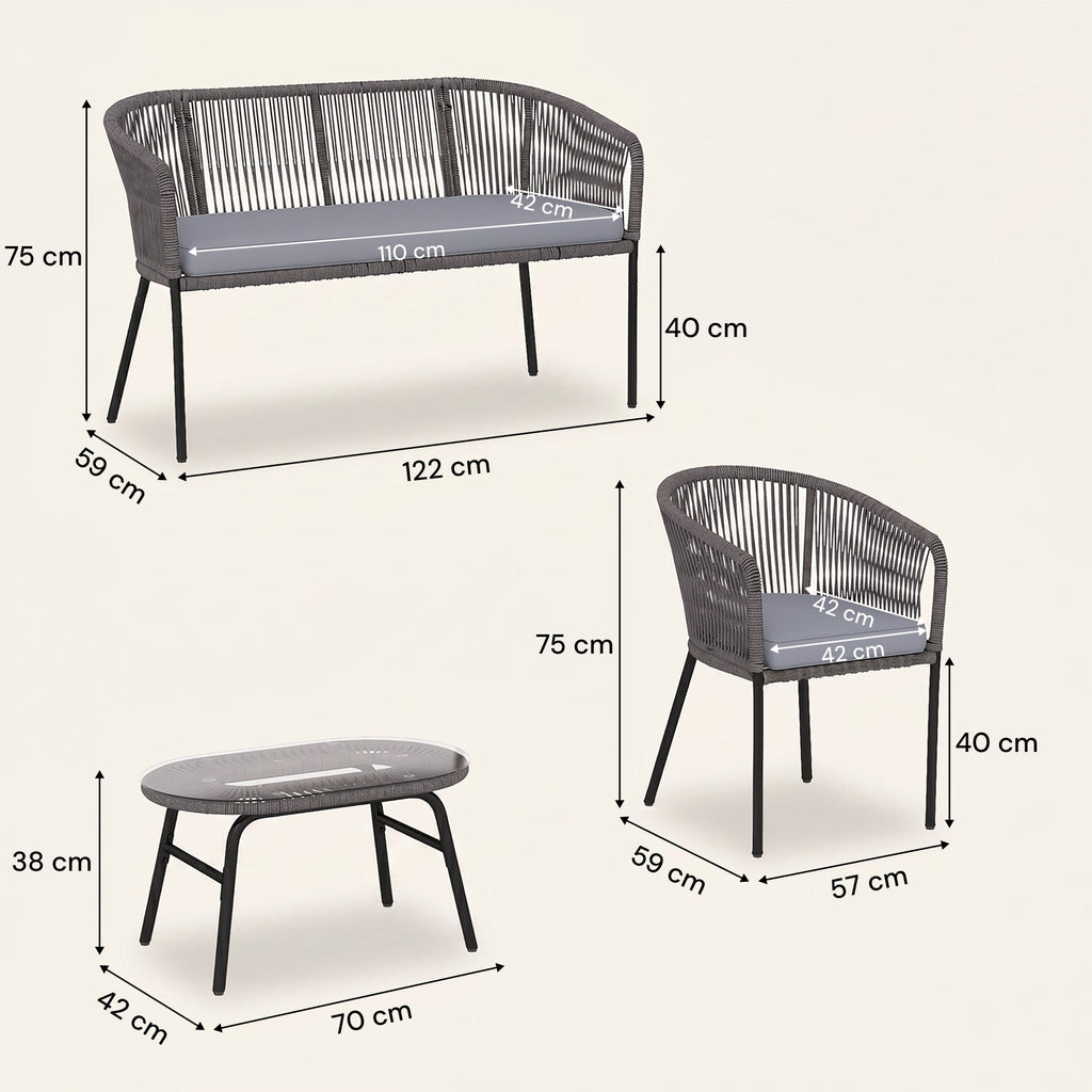 ARVOYA 4-Piece Rope Sofa Set with Loveseat, 2 Chairs & Tempered Glass Table, Dark Grey
