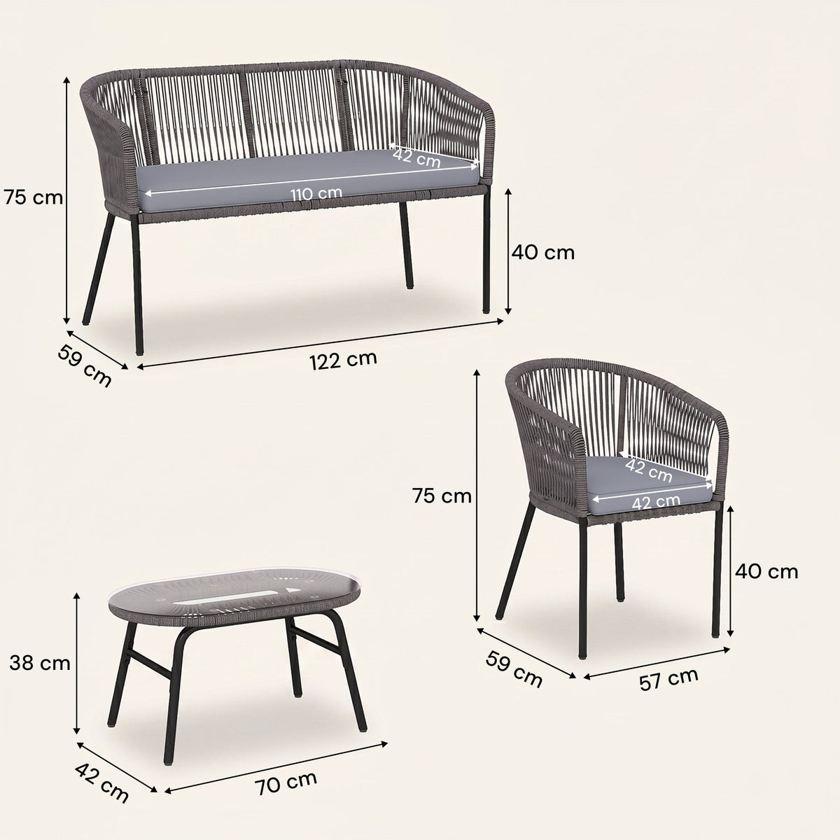 ARVOYA 4-Piece Rope Sofa Set with Loveseat, 2 Chairs & Tempered Glass Table, Dark Grey