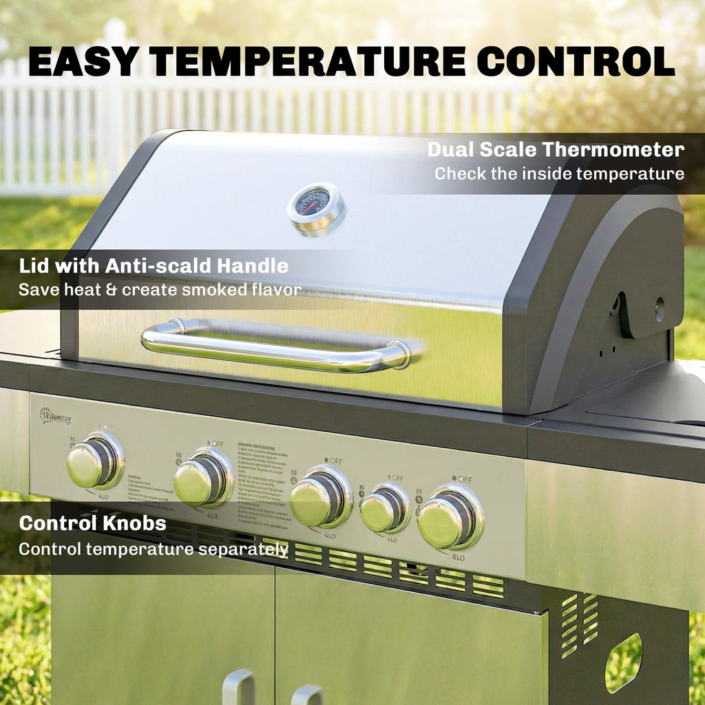 4+1 Burner Gas BBQ Grill with Side Burner and Storage Cabinet