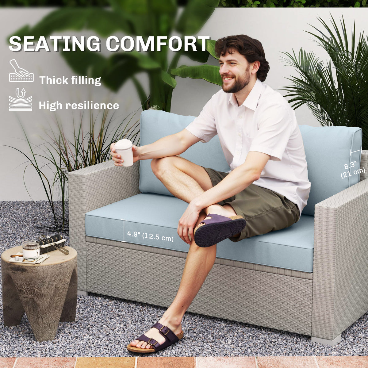 2 Seater Outdoor Seat Cushions with Backrest, Light Blue