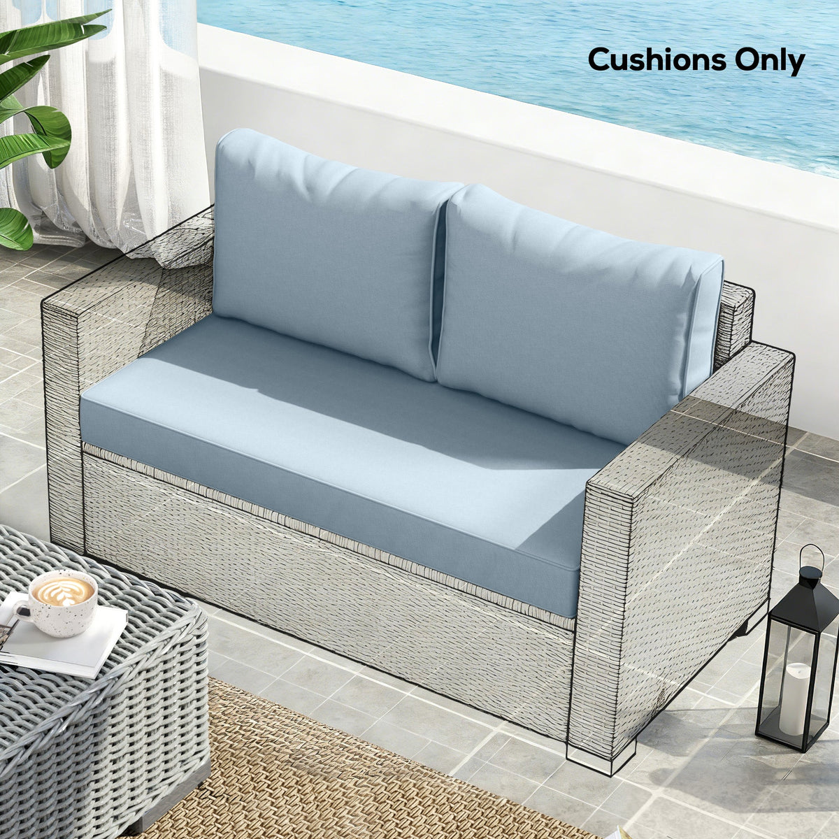 2 Seater Outdoor Seat Cushions with Backrest, Light Blue