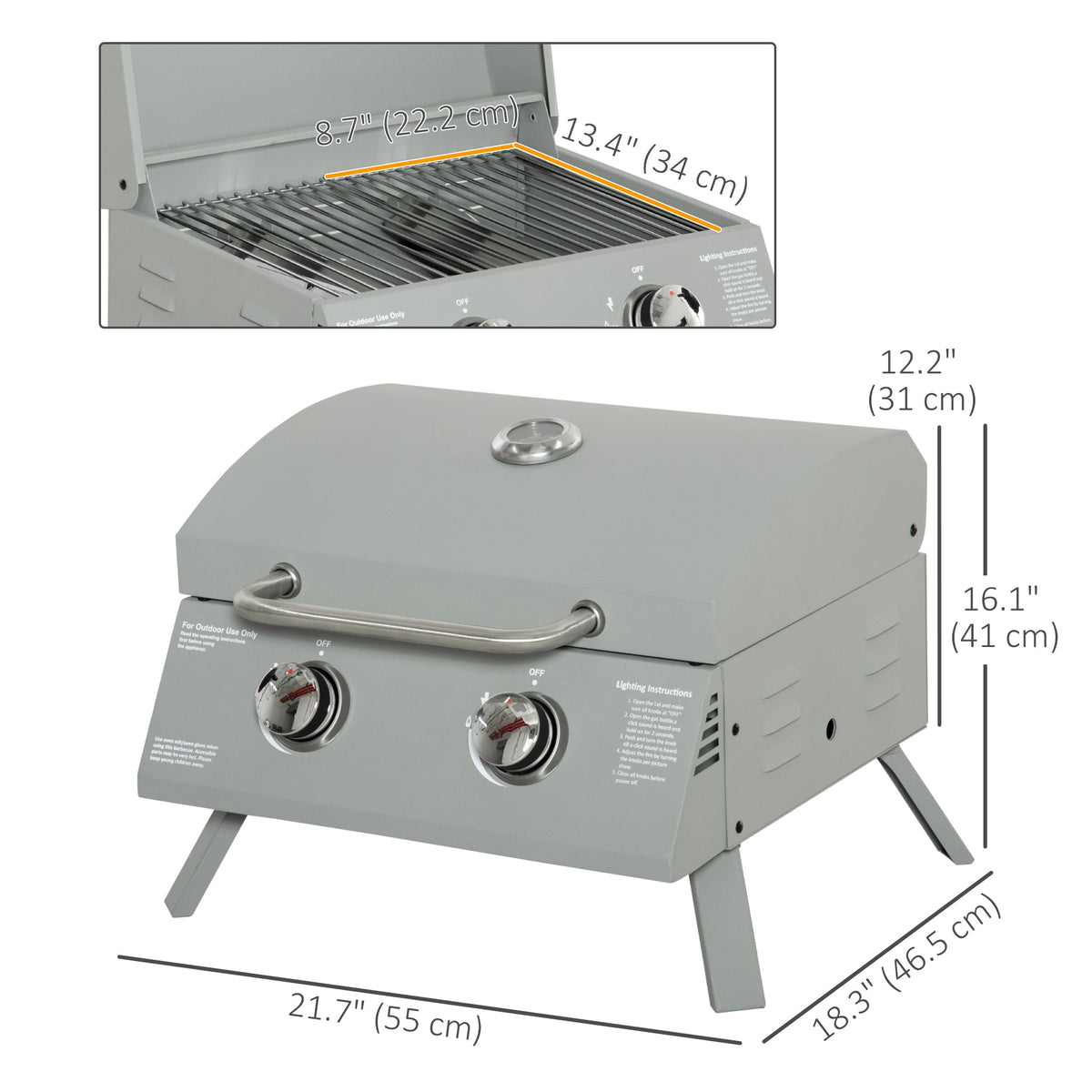2 Burner Portable Propane Gas Grill with Foldable Legs, Silver