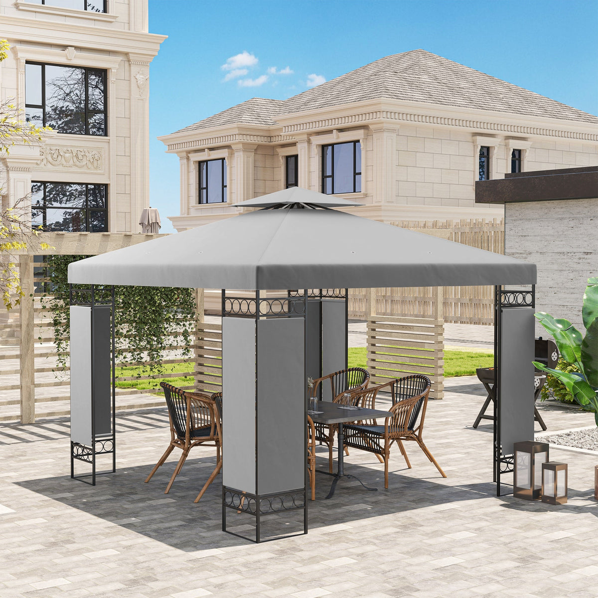 10 x 10 ft Canopy Gazebo with Double Roof and Screen Panels, Light Grey