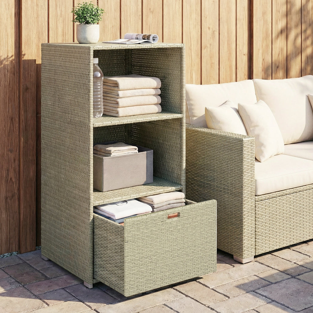 Pool Towel Rack with 2 Shelves and Basket Drawer, PE Rattan, Gradient Gray
