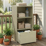 Pool Towel Rack with 2 Shelves and Basket Drawer, PE Rattan, Gradient Gray