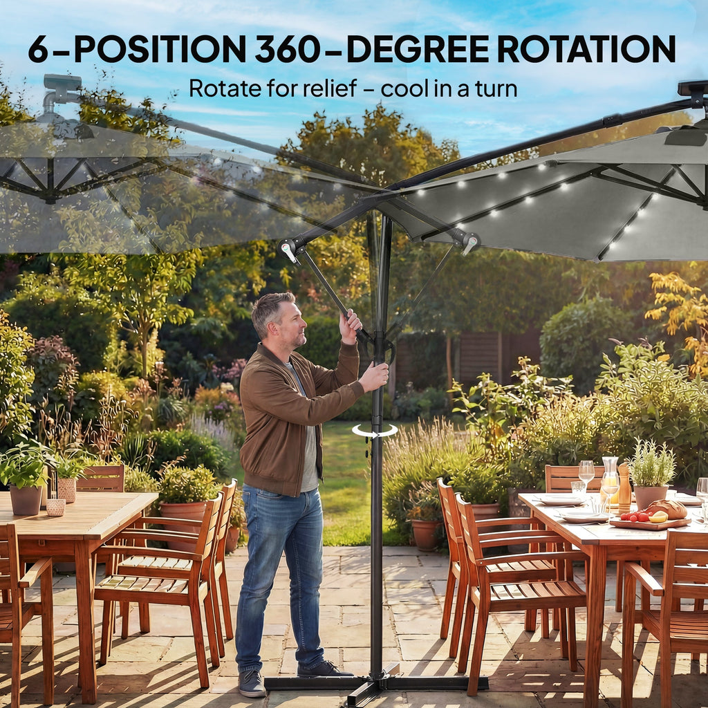 9.7 ft Cantilever Patio Umbrella with Solar LED Light and Cover, Grey