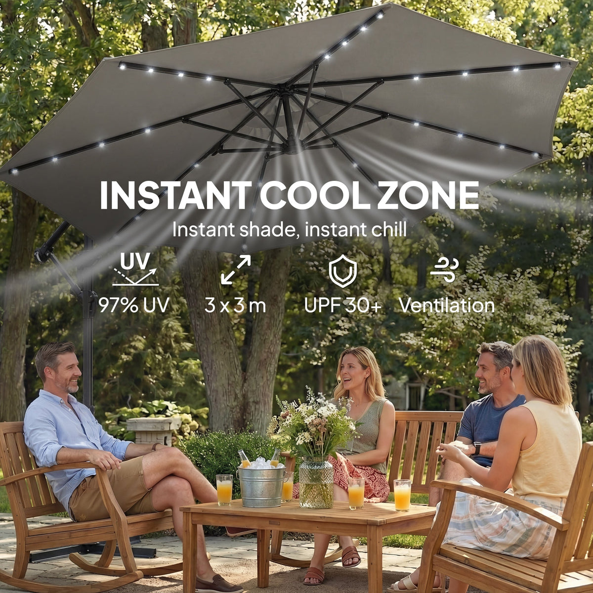 9.7 ft Cantilever Patio Umbrella with Solar LED Light and Cover, Grey