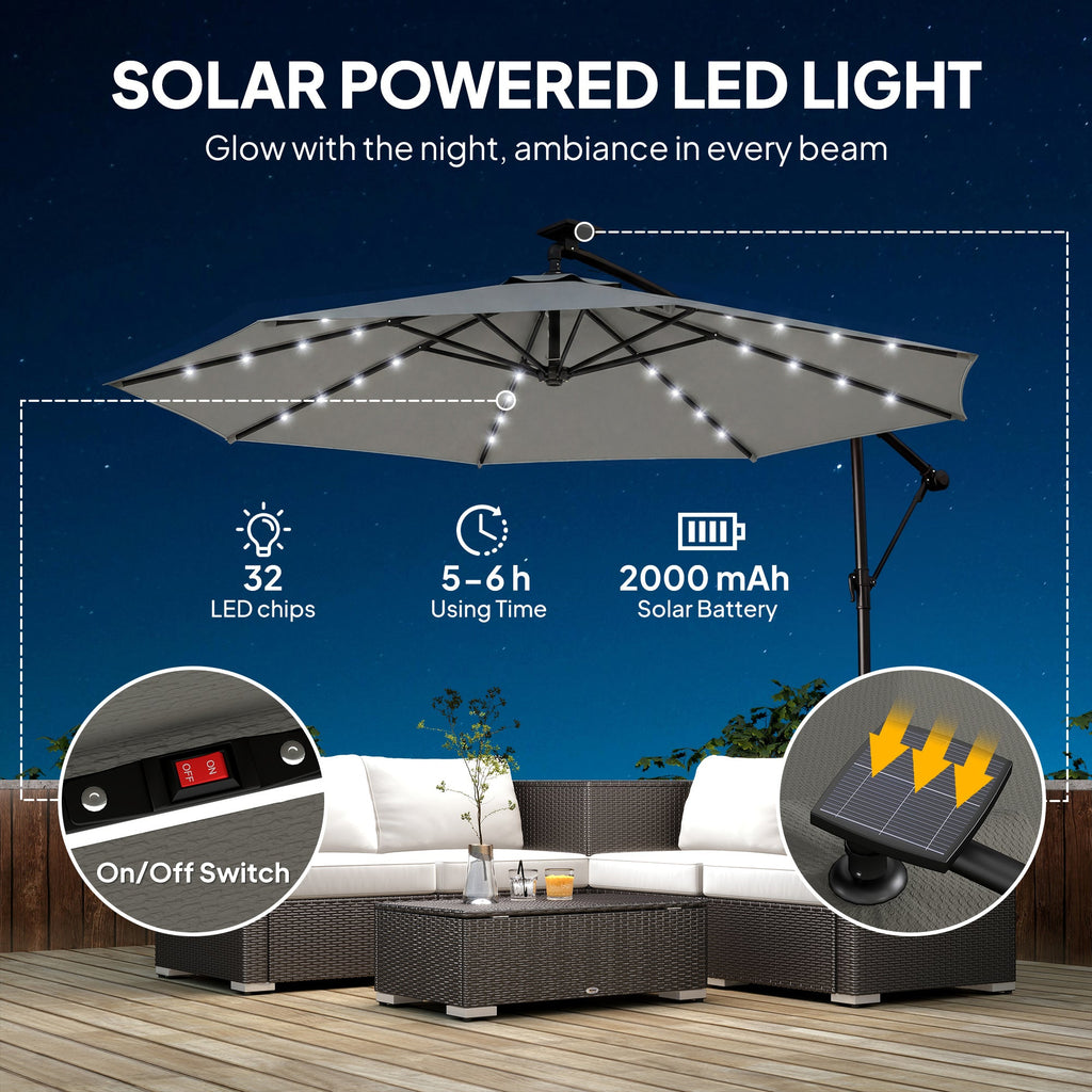 9.7 ft Cantilever Patio Umbrella with Solar LED Light and Cover, Grey