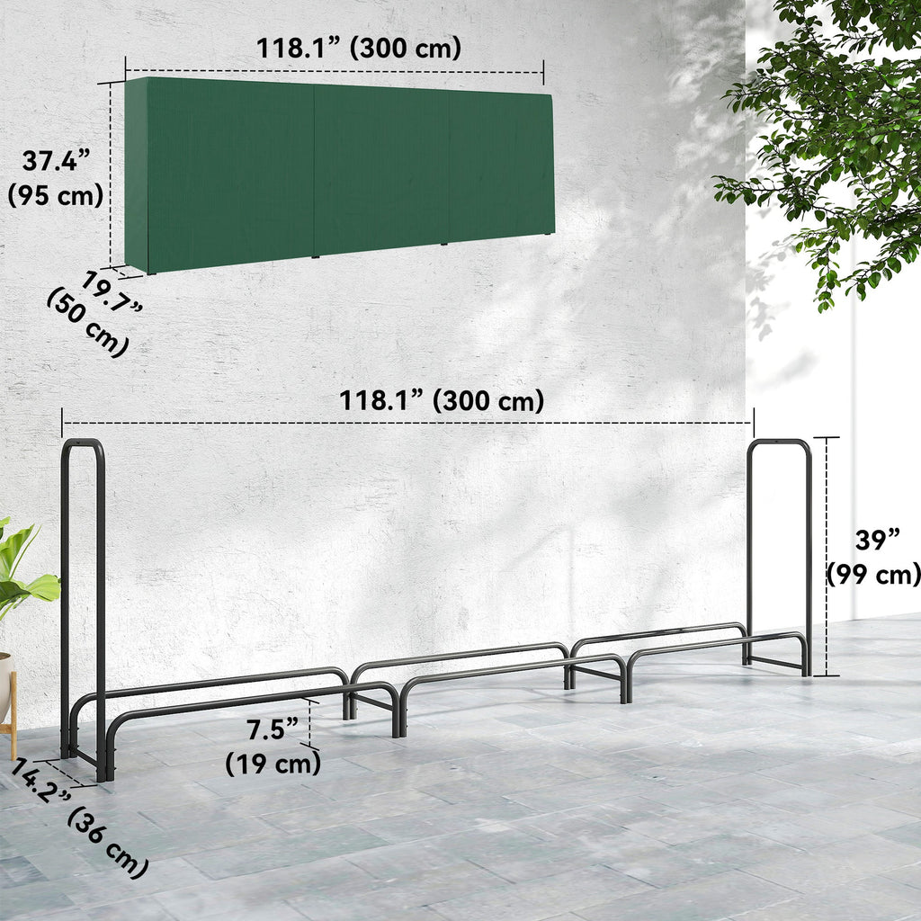 10 ft Heavy Duty Firewood Rack with Waterproof Cover & Steel Chains, Dark Green