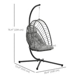Rattan Hanging Egg Chair with Metal Stand, Foldable Basket & Cushion, Light Grey