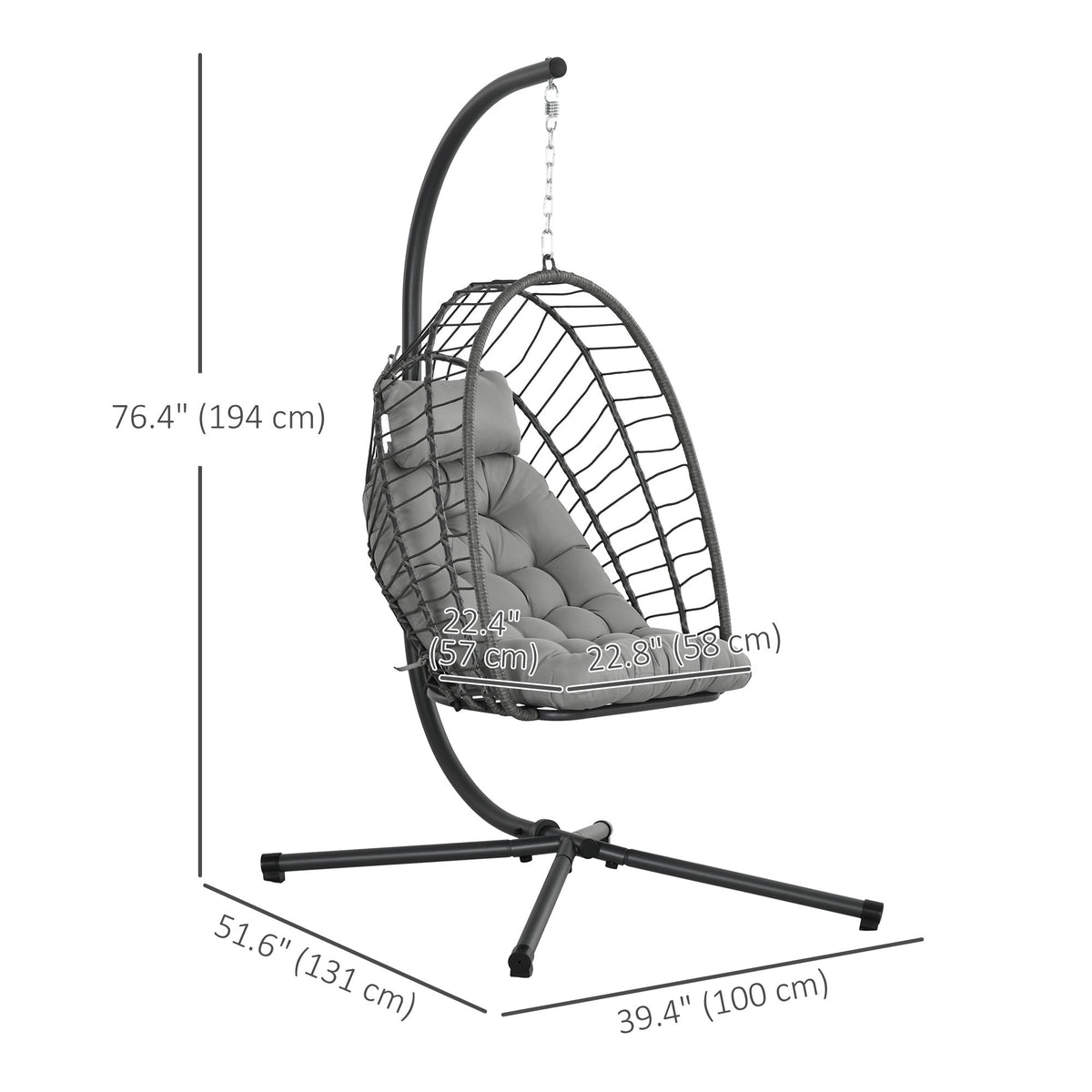 Rattan Hanging Egg Chair with Metal Stand, Foldable Basket & Cushion, Light Grey