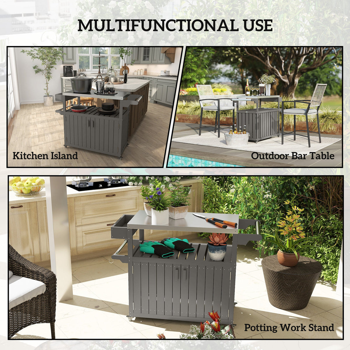 Outdoor Bar Cart with Storage Cabinet, Dark Gray