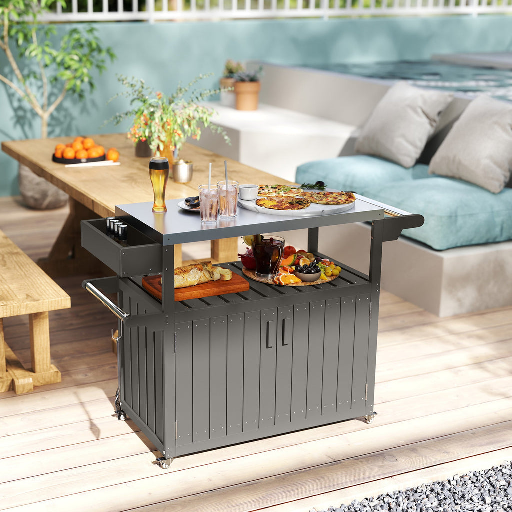 Outdoor Bar Cart with Storage Cabinet, Dark Gray