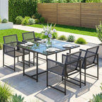 5-Piece Dark Grey Rattan Dining Set with Tempered Glass Top & Foldable Chairs