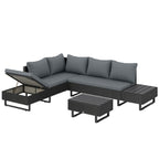 5-Seat L-Shaped Rattan Sofa Set with Adjustable Back, Cushions & Table Dark Grey