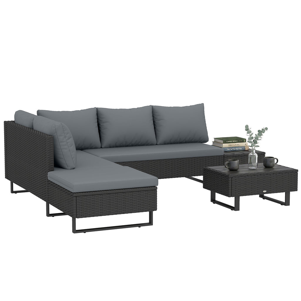 5-Seat L-Shaped Rattan Sofa Set with Adjustable Back, Cushions & Table Dark Grey