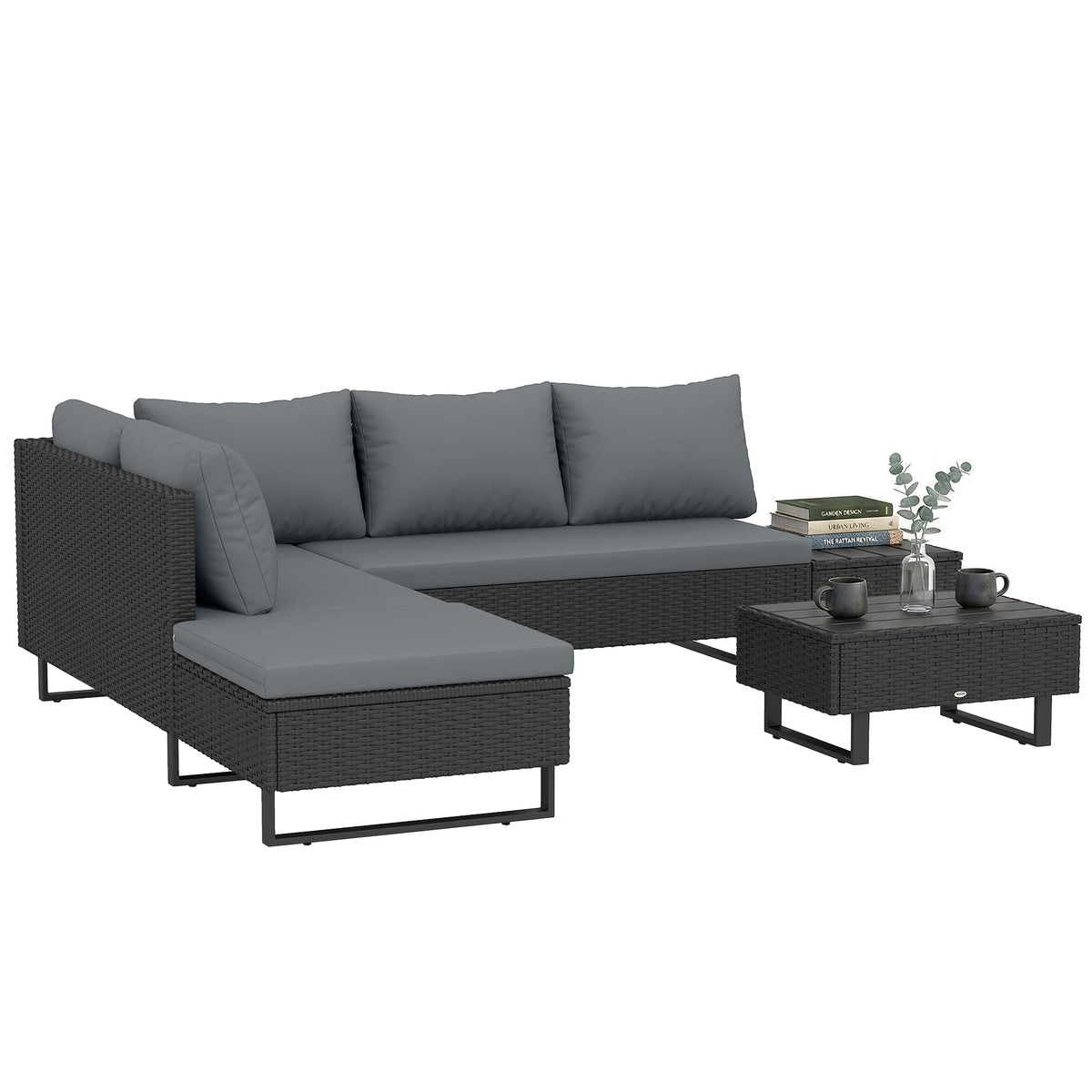 5-Seat L-Shaped Rattan Sofa Set with Adjustable Back, Cushions & Table Dark Grey