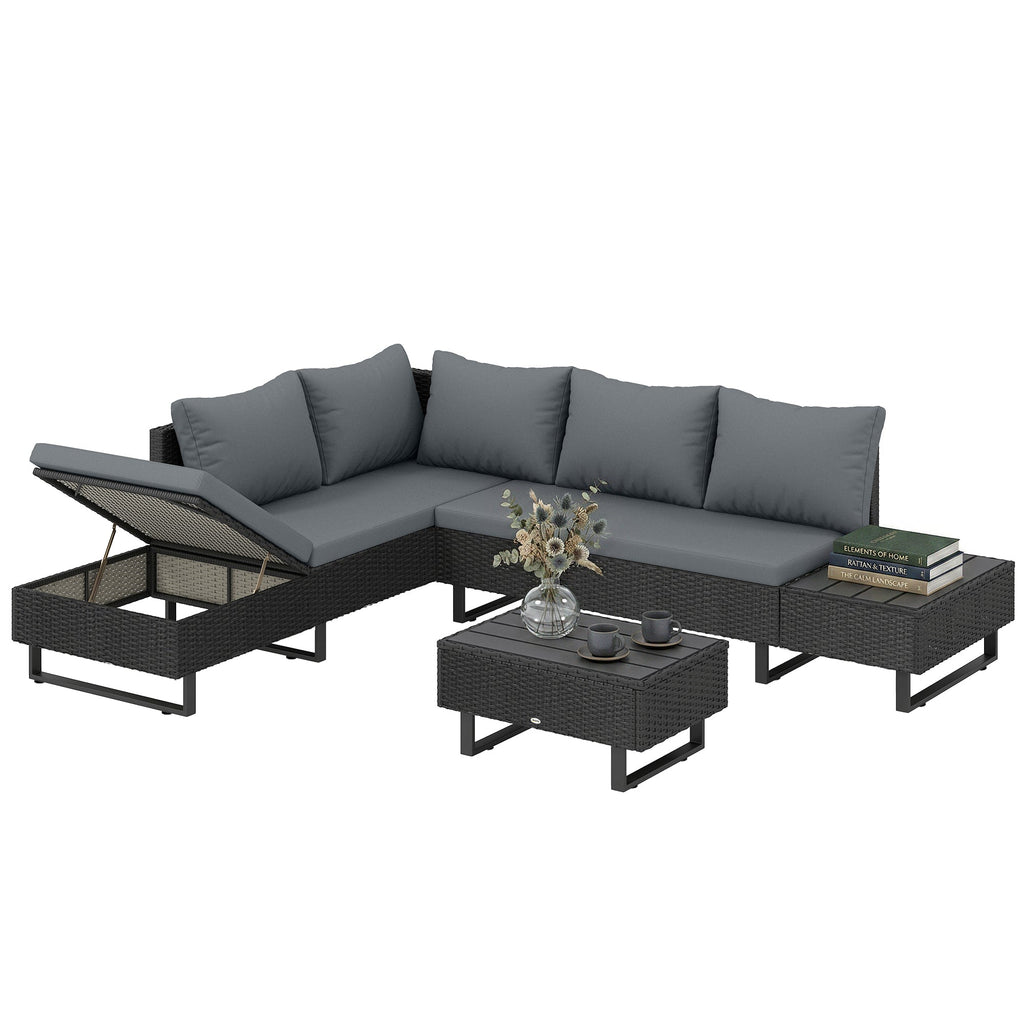 5-Seat L-Shaped Rattan Sofa Set with Adjustable Back, Cushions & Table Dark Grey