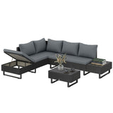 5-Seat L-Shaped Rattan Sofa Set with Adjustable Back, Cushions & Table Dark Grey