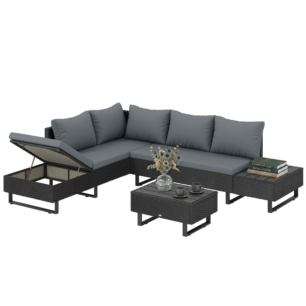 5-Seat L-Shaped Rattan Sofa Set with Adjustable Back, Cushions & Table Dark Grey