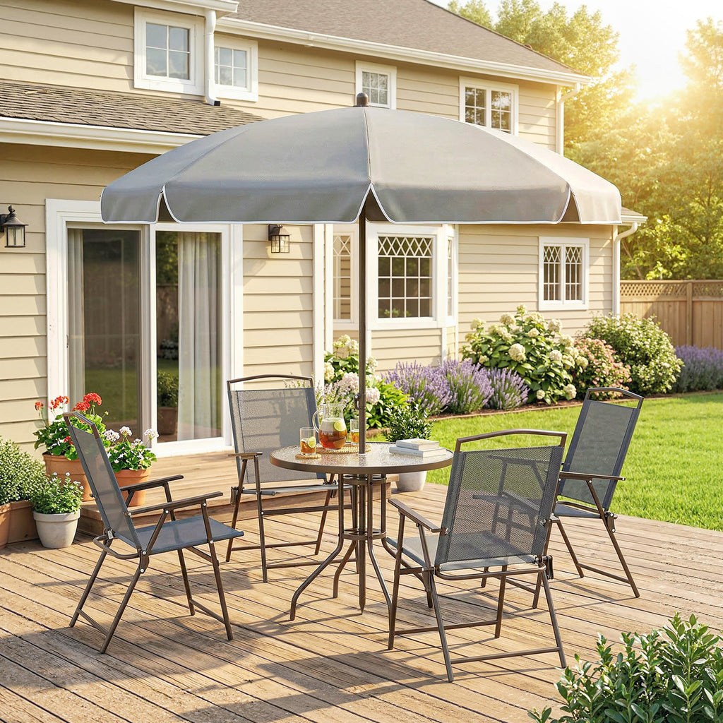 6 Piece Garden Dining Set with Umbrella and Folding Chairs, Dark Grey