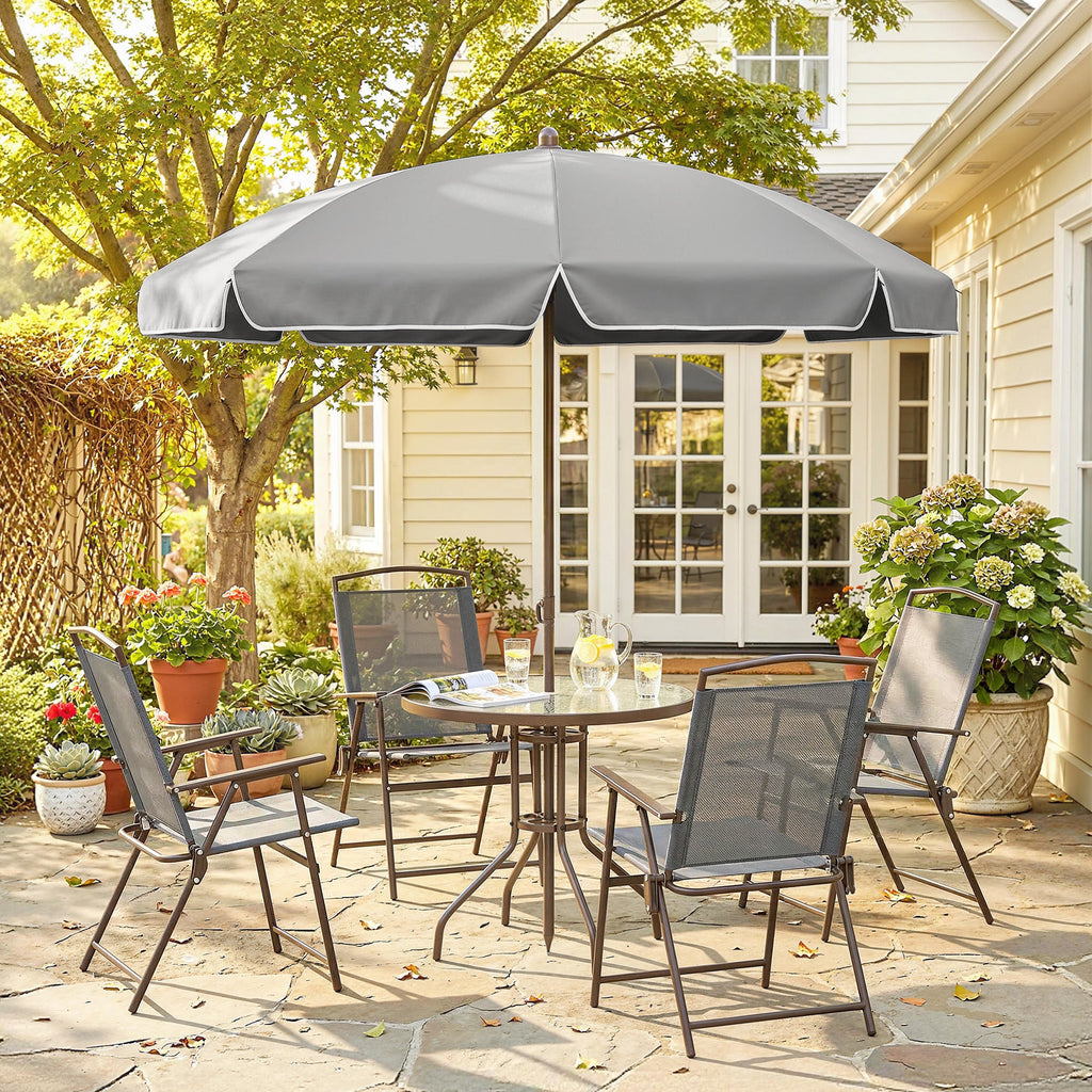 6 Piece Garden Dining Set with Umbrella and Folding Chairs, Dark Grey