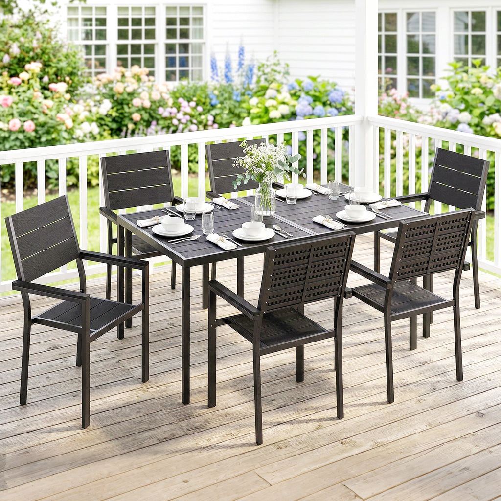 7-Piece Outdoor Dining Set with Slatted Tabletop and Metal Frame for 6, Black