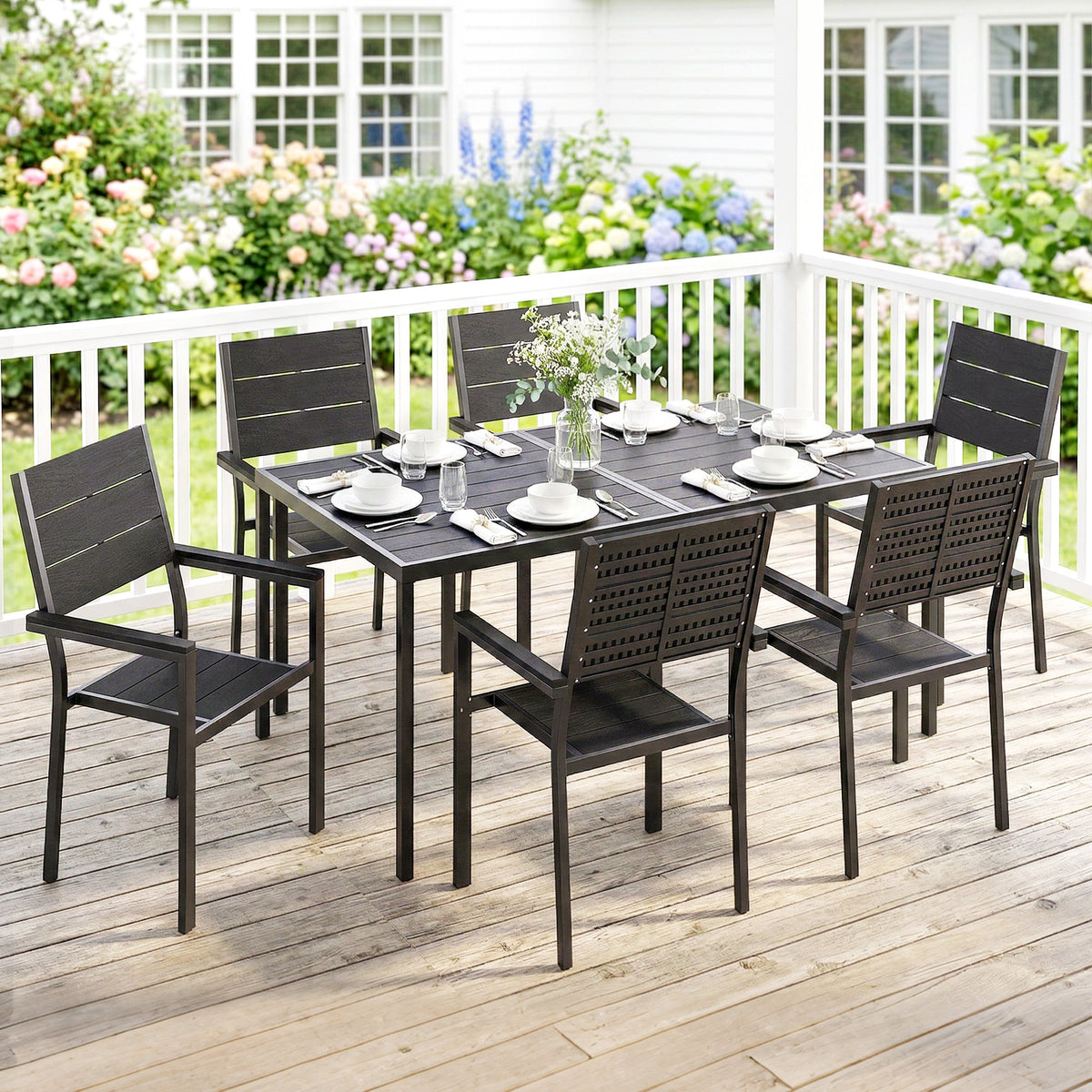 7-Piece Outdoor Dining Set with Slatted Tabletop and Metal Frame for 6, Black