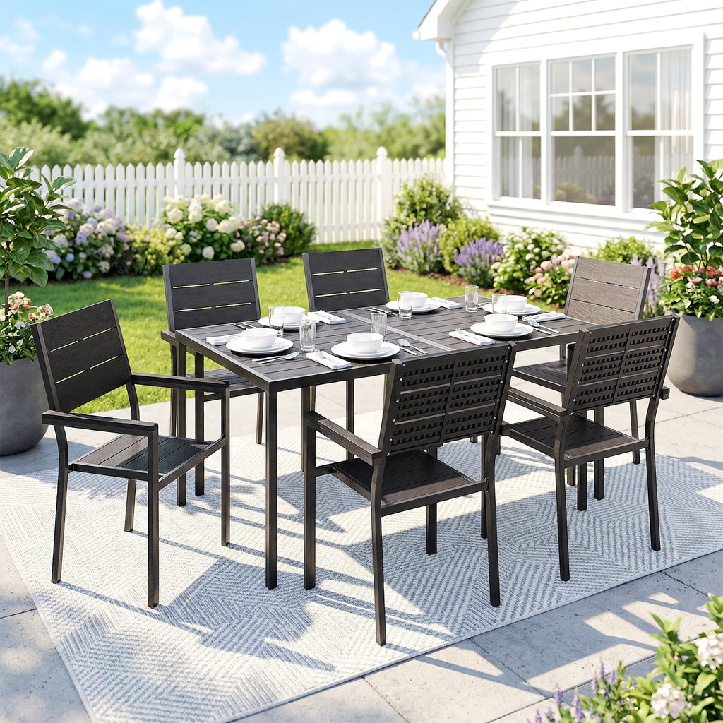 7-Piece Outdoor Dining Set with Slatted Tabletop and Metal Frame for 6, Black