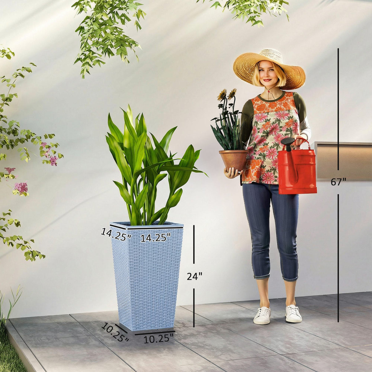 3 Piece 24" Tall Planters with Drainage Holes, Light Gray