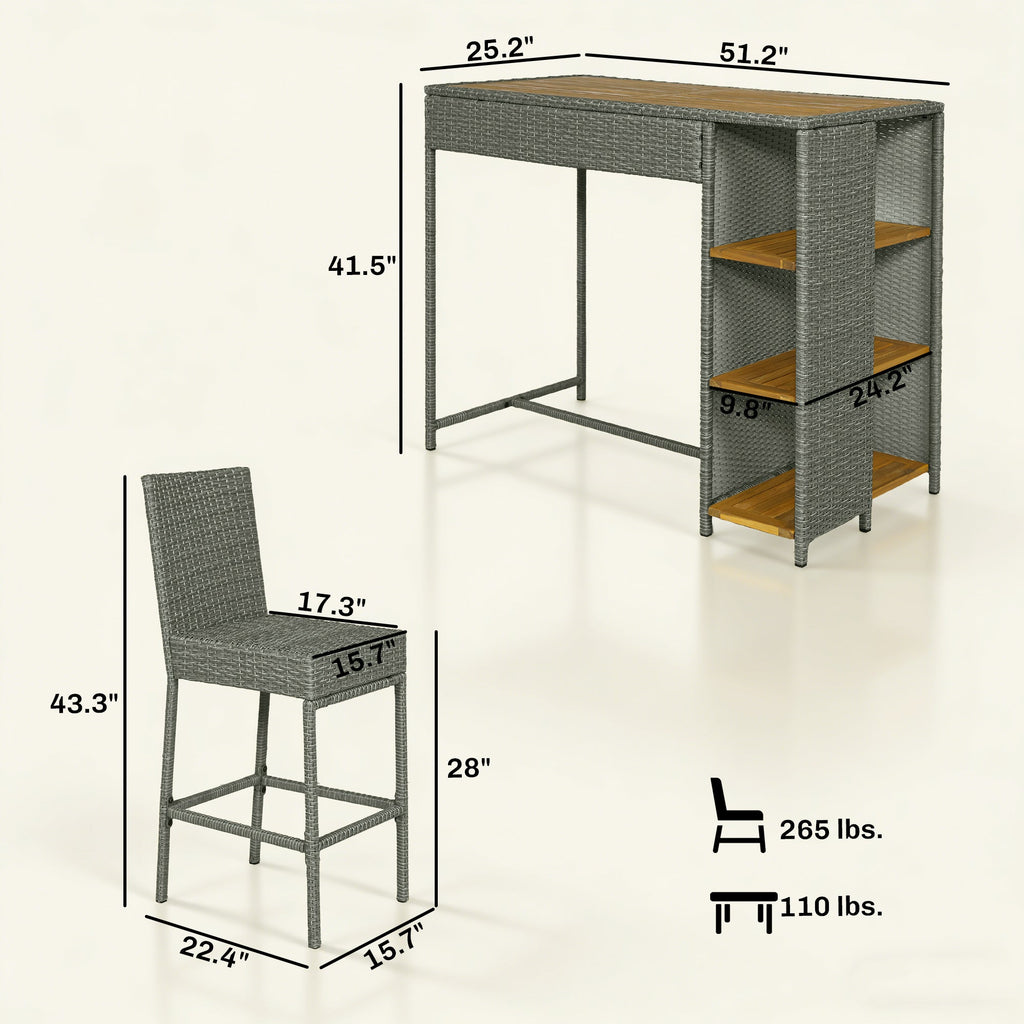 5 Piece Outdoor Bar Set with Storage Table and Cushions, Gray