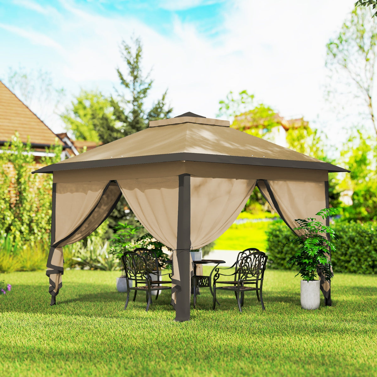 11' x 11' Pop Up Canopy with Double Roof and Mesh Sidewalls, Beige