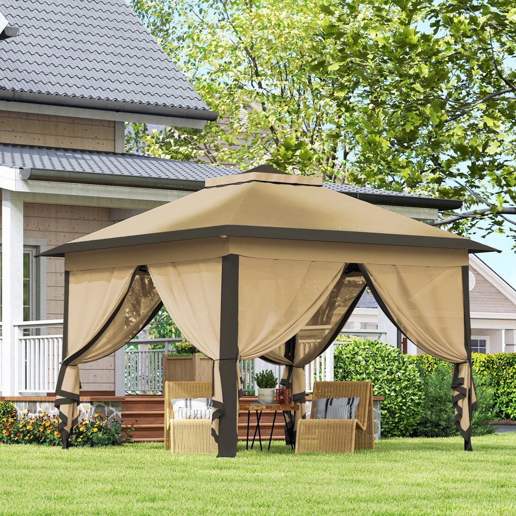11' x 11' Pop Up Canopy with Double Roof and Mesh Sidewalls, Beige