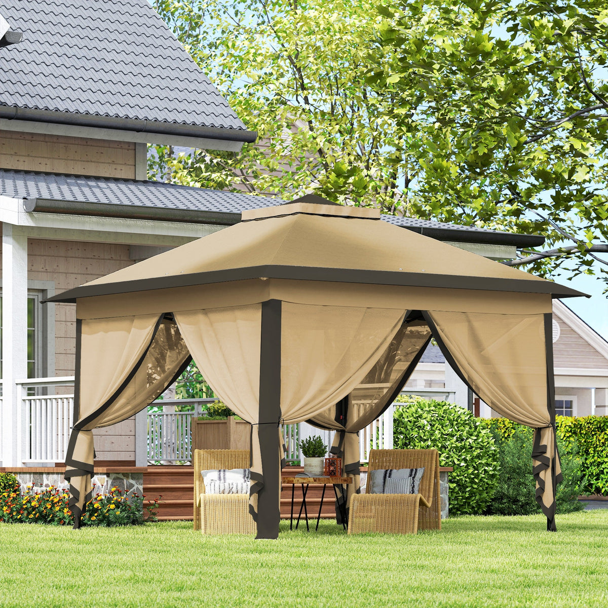 11' x 11' Pop Up Canopy with Double Roof and Mesh Sidewalls, Beige