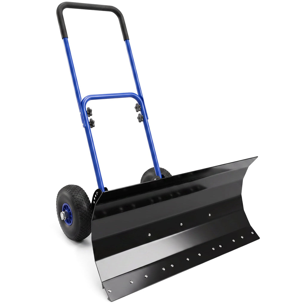 Heavy Duty Snow Pusher with Wheels, 29" x 16.5" Metal Blade, 5-Level Handle, Blue
