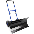 Heavy Duty Snow Pusher with Wheels, 29" x 16.5" Metal Blade, 5-Level Handle, Blue