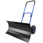 Heavy Duty Snow Pusher with Wheels, 29" x 16.5" Metal Blade, 5-Level Handle, Blue
