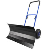 Heavy Duty Snow Pusher with Wheels, 29" x 16.5" Metal Blade, 5-Level Handle, Blue