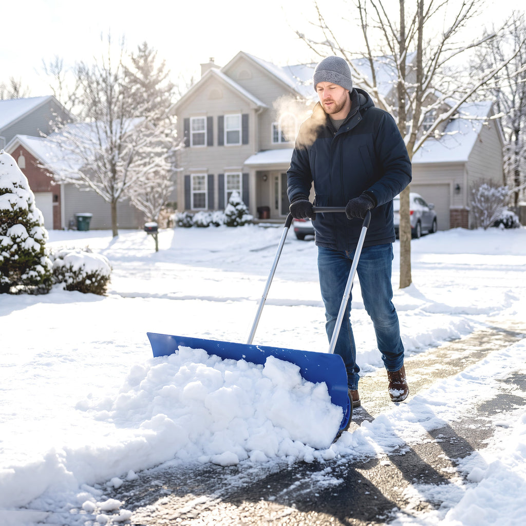 37-Inch Extra Wide Aluminum Snow Pusher with Wheels and Adjustable Handle, Blue