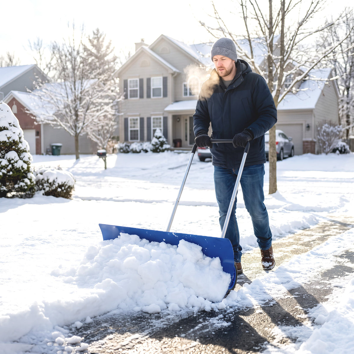37-Inch Extra Wide Aluminum Snow Pusher with Wheels and Adjustable Handle, Blue