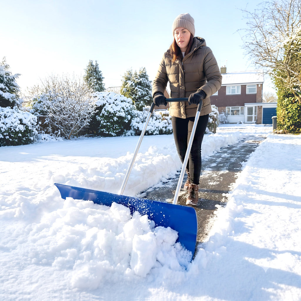 37-Inch Extra Wide Aluminum Snow Pusher with Wheels and Adjustable Handle, Blue
