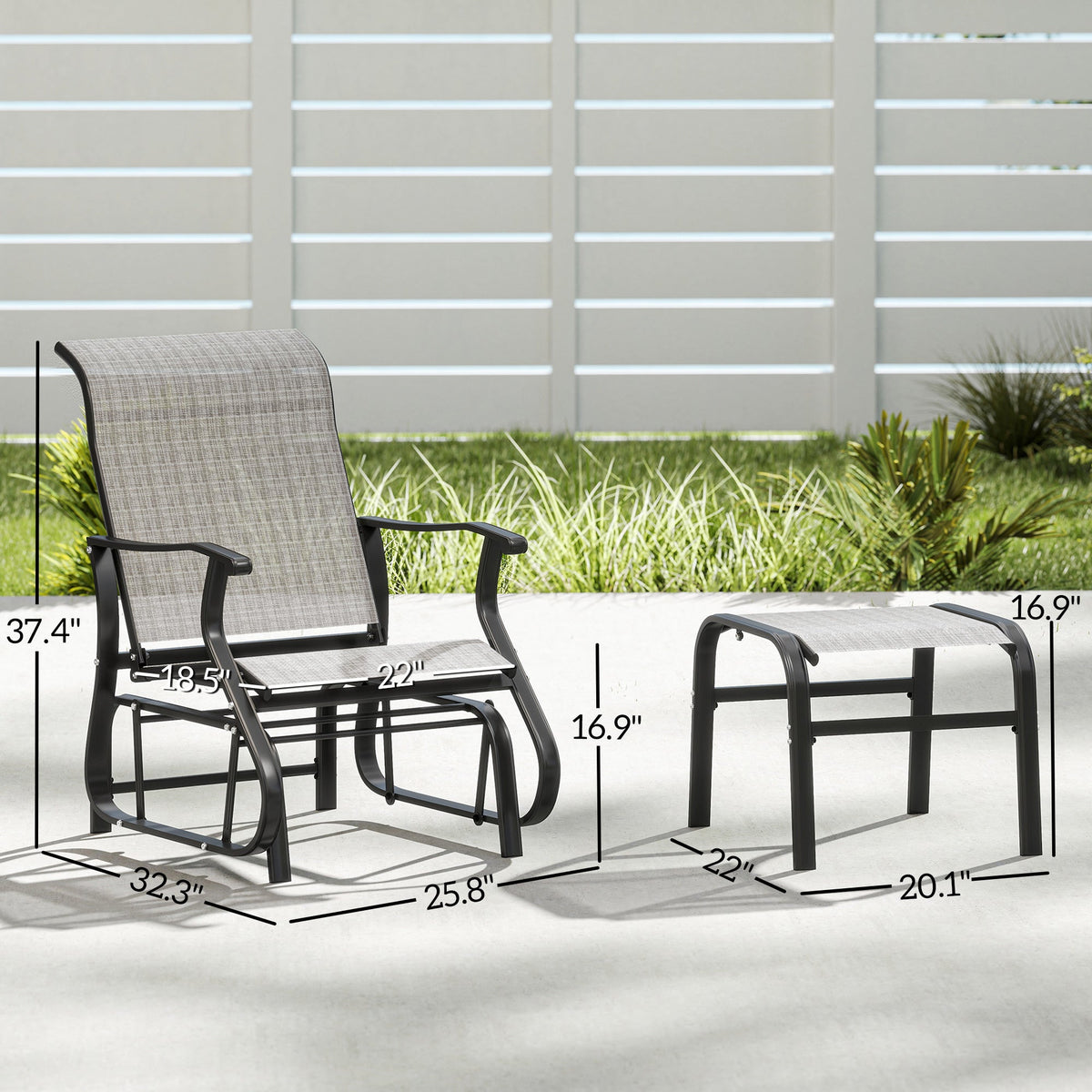 2-Piece Outdoor Glider Chair with Ottoman and All-Weather Breathable Mesh, Gray
