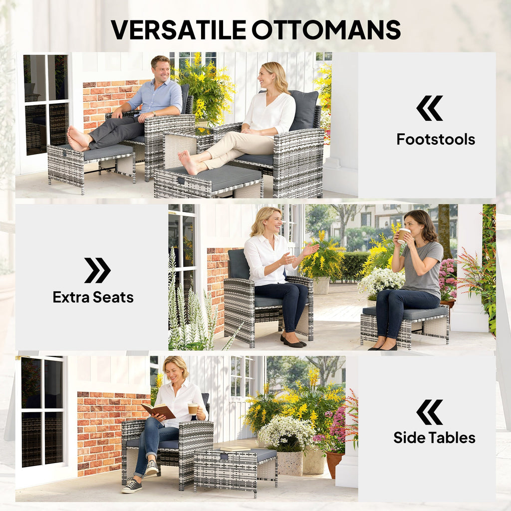 5-Piece Rattan Sofa Set with Ottomans, 2-Tier Glass Table, Grey/Dark Grey