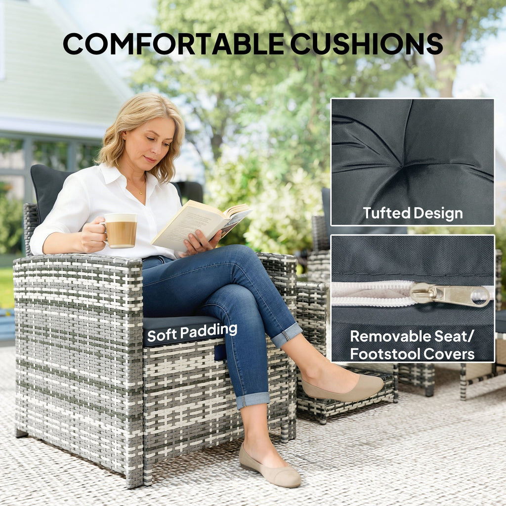 5-Piece Rattan Sofa Set with Ottomans, 2-Tier Glass Table, Grey/Dark Grey