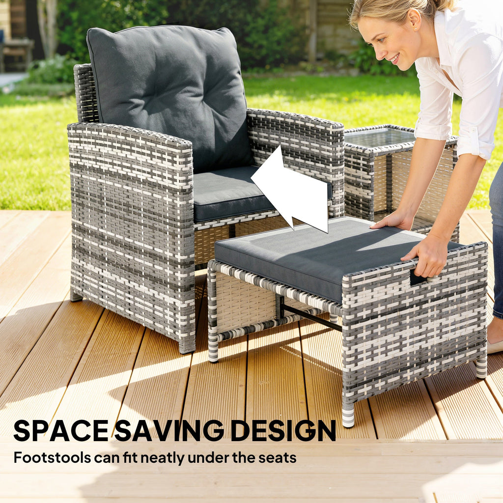 5-Piece Rattan Sofa Set with Ottomans, 2-Tier Glass Table, Grey/Dark Grey